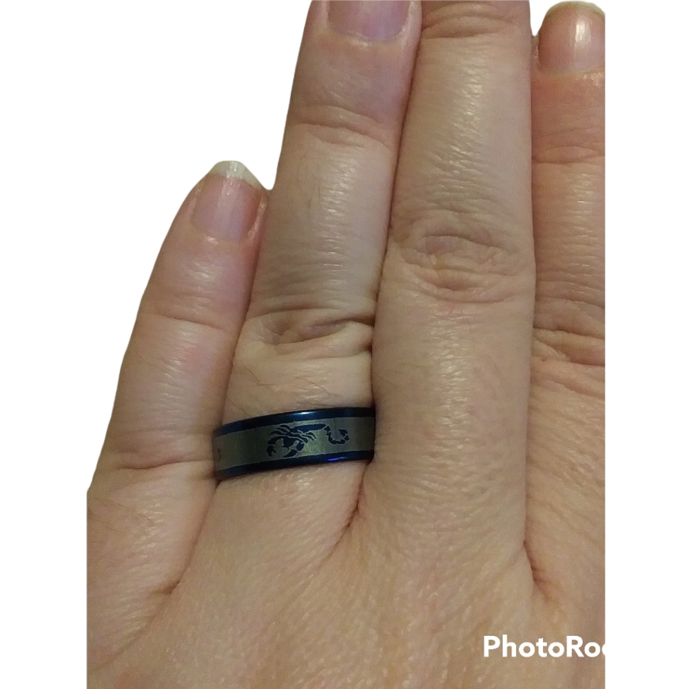 Scorpion band ring, size is 21, colors are grey and blue.